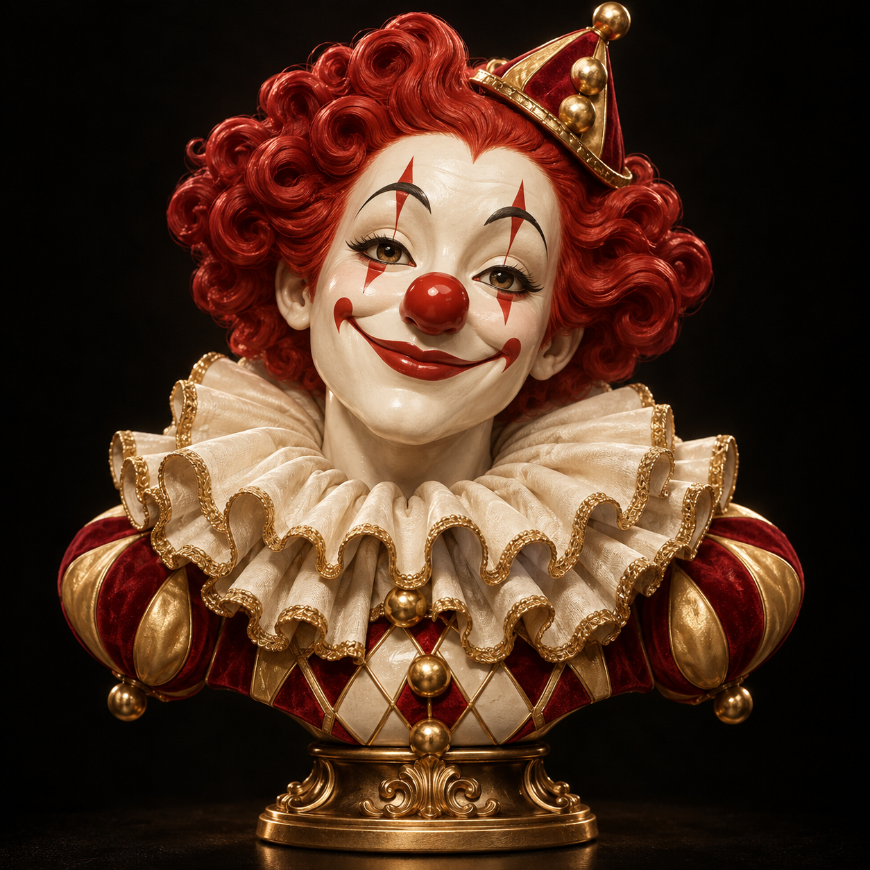 A mischievous red-haired circus clown in a theatrical ruff collar